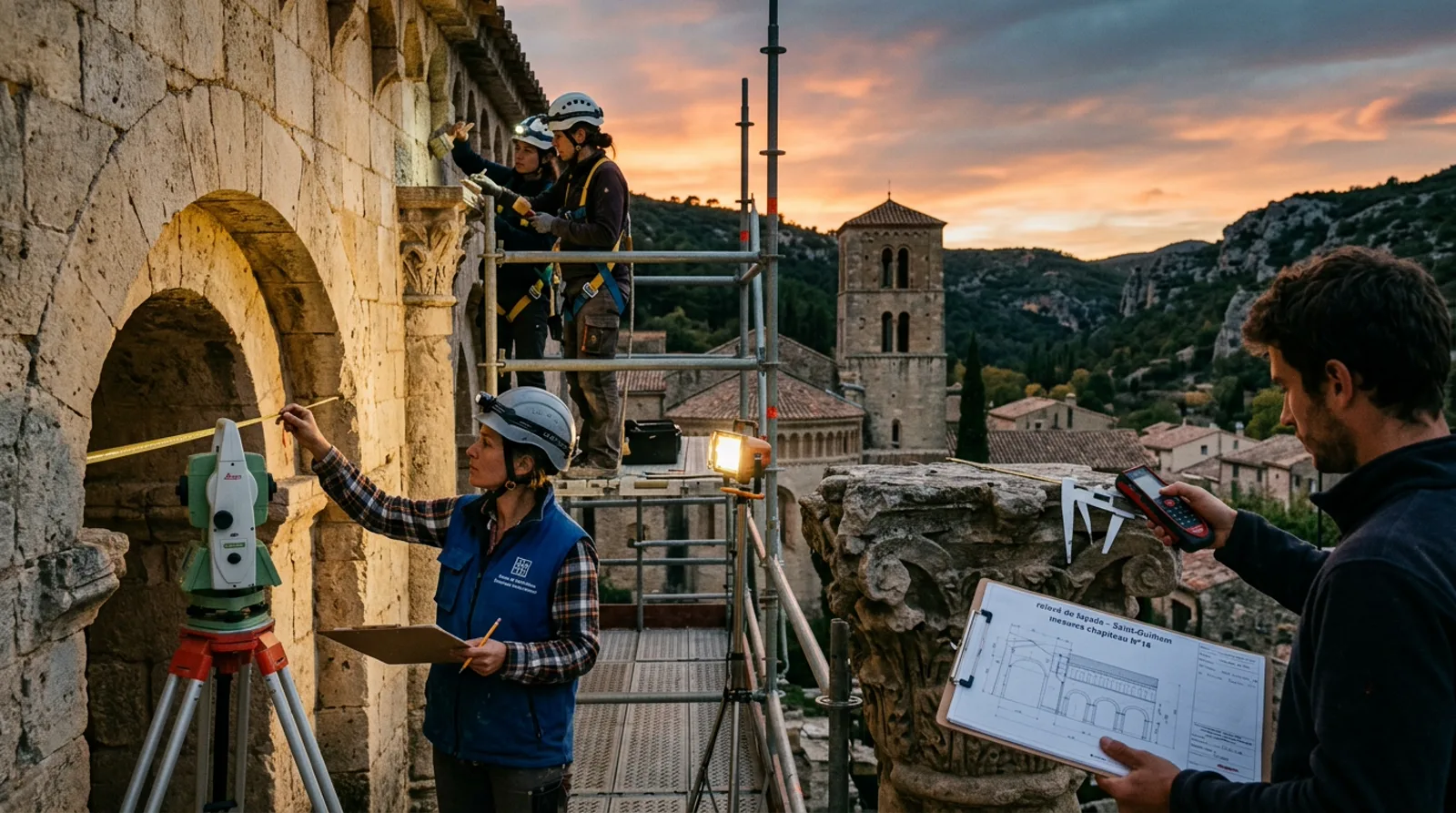 Équipe technique de l'ADLF procédant au relevé documentaire de monuments