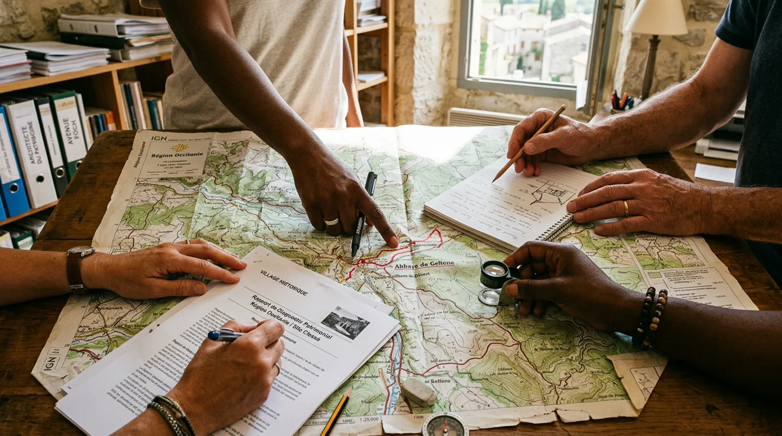 Concertation et travail stratégique sur cartes géographiques et relevés topographiques d'édifices